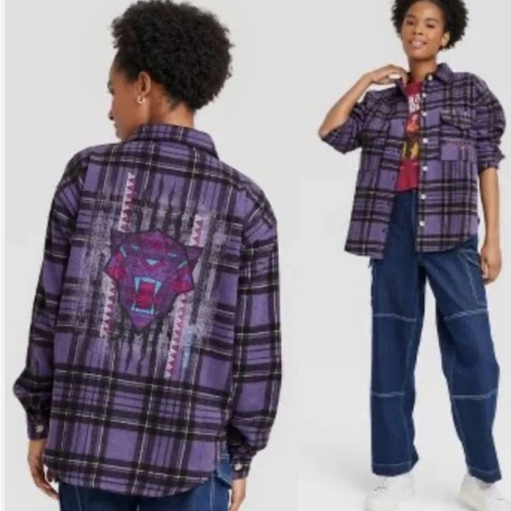 Marvel Black Panther Purple Plaid Flannel Shacket Overshirt Size M Streetwear